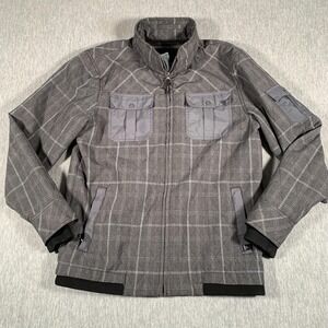 prAna Jacket Mens Large Gray Plaid Full Zip Stand Collar‎ Chest Pockets Utility
